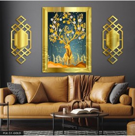 Resim Evinemoda Geyik Çiçek Boynuzlu 3 Parça Gold Pleksi Aynalı Yan Dekorlu Tablo 