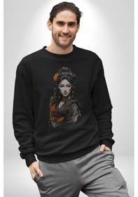 Resim Japon Asyalı Samuray Kadın Unisex Siyah Baskılı Sweatshirt Siyah 