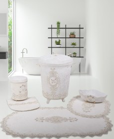 Resim Bonny Home Lisa Krem 6 Parça Dantelli Banyo Kirli Çamaşır Sepeti Seti Banyo Paspası Seti 