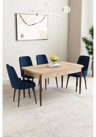 Resim Clara Meşe Desen 80x132 Açılabilir Mdf Masa Yemek Odası Takımı,mutfak Takımı 4 Adet Sandalye Lacivert 