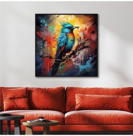 Resim Yağlı Boya Dokulu Tablo Dalda Renkli Kuş Siyah Çerçeveli U04004-178918 