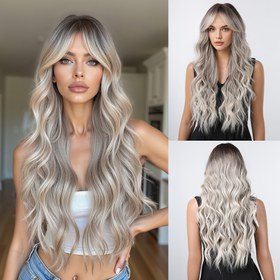 Resim Şık 66.04cm Gri Ombre Fildişi Peruk, Perçem ve Köklerle - Vücut Dalga, Yüksek Yoğunluklu Sentetik Saç Kadınlar İçin | Günlük Kullanım, Partiler & Cosplay İçin Mükemmel 