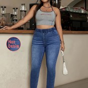 Resim [Denim Baskı/Taklit Denim] Taklit Denim Baskılı Tayt - Denim Kumaş Değil, Kadın Modası Zarif Yüksek Bel Kalça Kaldıran Taklit Denim Baskılı Pantolon, Dar, Pantolon 