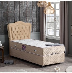 Resim Setaymobilya Baza, Camelli Bej Tek Kişilik Baza + Başlık + Ortopedik Yatak 