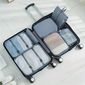 Resim 7-Piece Seyahat Organizatör Seti, Büyük Kapasiteli Taşınabilir Bagaj Organizatörleri, Ayakkabı Çantası, Fermuarlı Çanta ve Tuvalet Çantası Gibi Çeşitli Boyutlarda Paket Küpleri 