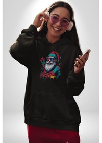 Resim Renkli Noel Baba Yeni Nesil Gözlüklü Kadın Erkek Siyah Kapüşonlu Sweatshirt Hoodie Siyah 