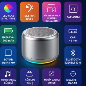 Resim Samsung Galaxy S24 Uyumlu Bluetooth Hoparlör Ekstra Bass, LED Işıklı, Taşınabilir Mini Hoparlör 