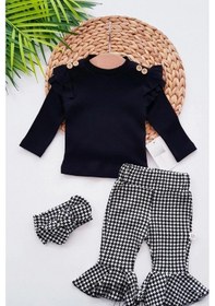 Resim Kız Bebek Kazayağı Desenli Bandanalı 3'lü Takım Siyah 