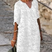 Resim Kadın Çiçek İşlemeli V-Yaka Tunik Elbise, Casual Stil, Polyester Kumaş, İlkbahar/Yaz Koleksiyonu, Çift Katmanlı, Yetişkinler İçin Mükemmel 