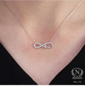 Resim Nusret 925 Ayar Gümüş Annem Yazılı Sonsuzluk Kolye, Beyaz Taş 