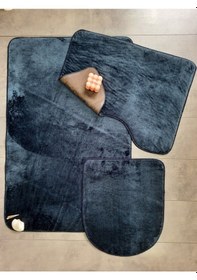 Resim Ultrasoft Düz Lacivert 3 Lü Banyo Halısı Paspası Seti Kaymaz Deri Lacivert 