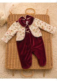 Resim Babyhola Kadife Patikli Kız Bebek Tulum 0-12 Ay Retro Ceketli Görünümlü Hediyelik Nostaljik Bayramlık 13433 Bordo 