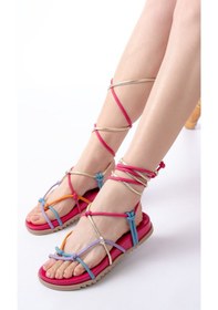 Resim 1001-1001 Fuşya Multi Bilekten Bağcıklı Kadın Sandalet Altın - Taba 