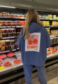 Resim Oversize Kadın Eşofman Takımı Kiraz STARFIT Baskılı Marine - 3 İplik Polar, Kapüşonlu, Lastikli Paça - XL / İNDİGO 