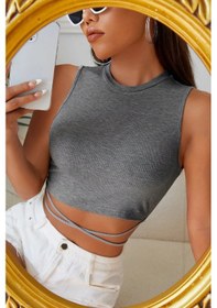 Resim Kadın Gri Çapraz Bağlamalı Crop Top Büstiyer Gri 