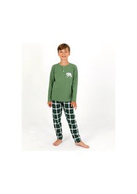 Resim Vitmo Erkek Çocuk Uzun Kollu %100 Pamuklu Düğme Detaylı Pijama Takımı Everest Yeşil 