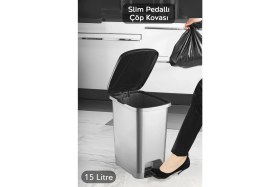 Resim 15 Litre Slim Pedallı Gri Banyo ve Mutfak Çöp Kovası 