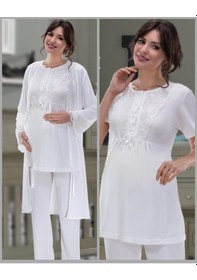 Resim Nehir 2036 Ekru Hamile Lohusa 3Lü Pijama Sabahlık Takım 