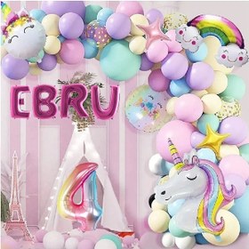 Resim 4 Harfli Yaş Seçenekli Gökkuşağı Konseptli Unicorn Temalı Makaron Balon Doğum Günü Parti Kutlama Seti 3 