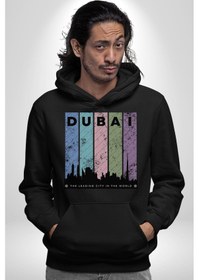 Resim Dubai Şehir Silüeti Renkli Şehir Kadın Erkek Siyah Kapüşonlu Sweatshirt Hoodie Siyah 