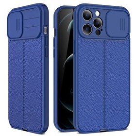 Resim Smcase iPhone 12 Pro Max Kılıf Lensi Kamera Korumalı Deri Dokulu Silikon Lacivert 