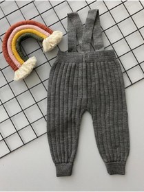 Resim Sparrow Laurel Füme Rengi Önden Düğmeli Askılı Ayarlanabilir Unisex Bebek Triko Salopet Tayt Pantolon 