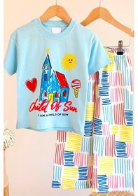 Resim Monila Erkek Çocuk Pamuklu Bisiklet Yaka Mavi Baskılı T-shirt Ve Pantolon Alt Üst Takım 