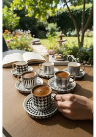 Resim Akayev Gold Detaylı Porselen Siyah Beyaz 6 Kişilik Kahve Fincan Takımı Beyaz 