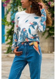 Resim Kadın Beyaz Çiçek Desenli Yarım Crop Sweatshirt Beyaz 