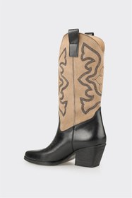 Resim Elle Bej Deri Kadın Western Çizme 