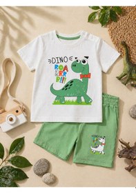 Resim Durukoza Erkek Bebek Dinozor Baskılı Şortlu Takım %100 Pamuk Yazlık Omuz Düğmeli Beyaz - Yeşil 