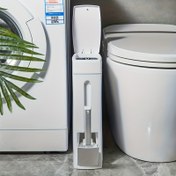Resim Basınçla Açılan Kapaklı, Entegre Tuvalet Fırçası Tutuculu Banyo Çöp Kutusu - Dayanıklı Plastik Modern Minimalist Tasarım, Küçük Banyolar İçin, Elektriksiz, Pratik Yapı, Matkap Gerektirmeyen Montaj 