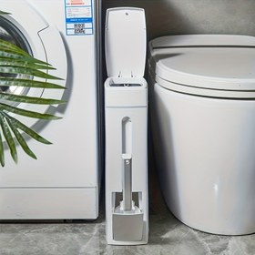 Resim Basınçla Açılan Kapaklı, Entegre Tuvalet Fırçası Tutuculu Banyo Çöp Kutusu - Dayanıklı Plastik Modern Minimalist Tasarım, Küçük Banyolar İçin, Elektriksiz, Pratik Yapı, Matkap Gerektirmeyen Montaj 