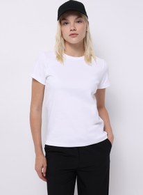 Resim Slim Fit Yuvarlak Yaka Pamuklu Düz Kadın Beyaz Kısa Kol Tişört 