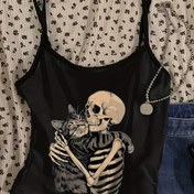 Resim Kadınlar İçin Y2K Grafik Baskılı Kolsuz Atlet - Siyah Kafatası & Kedi Tasarımı, İnce Askılı Yazlık Üst, Makinede Yıkanabilir Orta Esneklikli Günlük Giyim, Şık ve Cesur Tarz, Dijital Baskı Kumaş, Festival Kıyafeti, Retro Stil, Nefes Alabilen Malzeme 