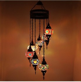 Resim Dekoratif MOZAİK 7 Lİ AVİZE EL YAPIMI TAVAN LAMBASI 