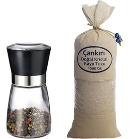 Resim İri Çankırı Tuzu Bez Torbada + Seramik Bıçaklı Cam Değirmen Tuz\u002Fbaharat Değirmeni 