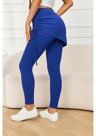 Resim Moderie Butik Kadın Yüksek Bel Yandan Büzgülü Alttan Uzun Kaşkorse Tayt Etek Saks Mavi 