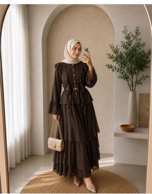 Resim Neşeli Butik kadın kahverengi fırfır detaylı üst kat kat etek ikili tesettür takım ---NBVQ3159 
