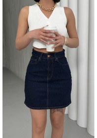 Resim Dar Kalıplı Normal Belli Cepli Ve Astarsız Kısa Boy Kadın Kot Etek Mini Slaplı Lacivert Denim Slaplı Lacivert 