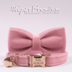 Resim Cat Collar Velvet Named Bell Cat Collar 015263 - Dark Pink Bow Tie / S/M 