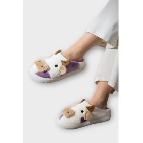 Resim Liger Inek Figürlü Nakışlı Kaydırmaz Taban Kışlık Unisex Ev Terliği Beyaz-Mor 