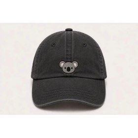 Resim Siyah Koala Nakışlı Vintage Yıkamalı Beyzbol Şapkası 