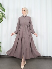Resim HNT Hayrunnisa Tesettür Boydan Düğmeli Kuşaklı Katlı Elbise Kahverengi HNT8593 