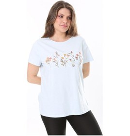 Resim Şans Büyük Beden Bebe Mavisi Pamuk Kumaş Ön Baskılı Kısa Kollu Bluz 65n37807-bebe Mavisi Bebe Mavisi 