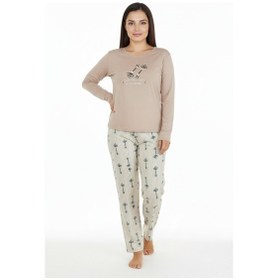 Resim Bravie Üstü Yazılı Altı Çizgili Elite Viscose Uzun Büyük Beden Pijama Takımı Pudra 3597 Gri 