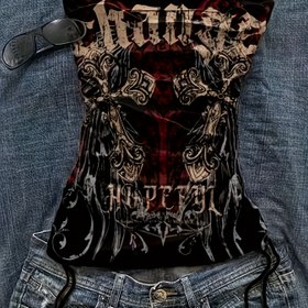 Resim Gotik Tarz Sıcak Elbise! Karanlık Baskılı Tüp Üst ve Bel İpiyle Uyumlu, Benzeri Olmayen Deseni 