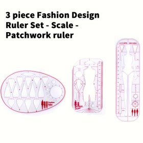 Resim 3lü Moda Tasarım Kural Seti - Akrilik Ölçek ve Dikiş Kuralı - Desen Yapımı ve Giyim için - Kırmızı ve Beyaz 