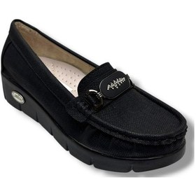 Resim C-shoes Sl422-26 Baskı Kot Deri Zikzak Taşlı Toka Comfort Kadın Ayakkabı Siyah 