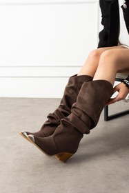 Resim ShoeTek Aslıma Kadın Kovboy Çizme Körüklü Burun Demirli Kahverengi Süet 